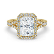 The Elara Ring – Radiant Orbital Halo with Split Pavé Band in 14K Yellow Gold – The Jewel Concierge