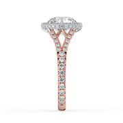 The Elara Ring – Round Orbital Halo with Split Pavé Band in 18K White Gold and Rose Gold – The Jewel Concierge