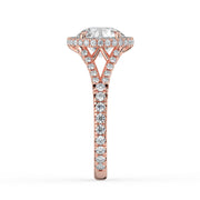 The Elara Ring – Round Orbital Halo with Split Pavé Band in 14K White Gold and Rose Gold – The Jewel Concierge
