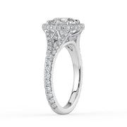The Elara Ring – Round Orbital Halo with Split Pavé Band in 18K White Gold – The Jewel Concierge