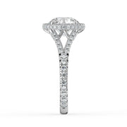 The Elara Ring – Round Orbital Halo with Split Pavé Band in 14K White Gold and Yellow Gold – The Jewel Concierge