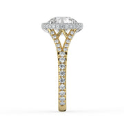 The Elara Ring – Round Orbital Halo with Split Pavé Band in 18K White Gold and Yellow Gold – The Jewel Concierge