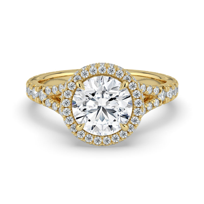 The Elara Ring – Round Orbital Halo with Split Pavé Band in 14K Yellow Gold – The Jewel Concierge
