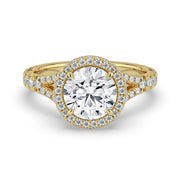 The Elara Ring – Round Orbital Halo with Split Pavé Band in 14K Yellow Gold – The Jewel Concierge