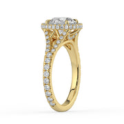 The Elara Ring – Round Orbital Halo with Split Pavé Band in 18K Yellow Gold – The Jewel Concierge