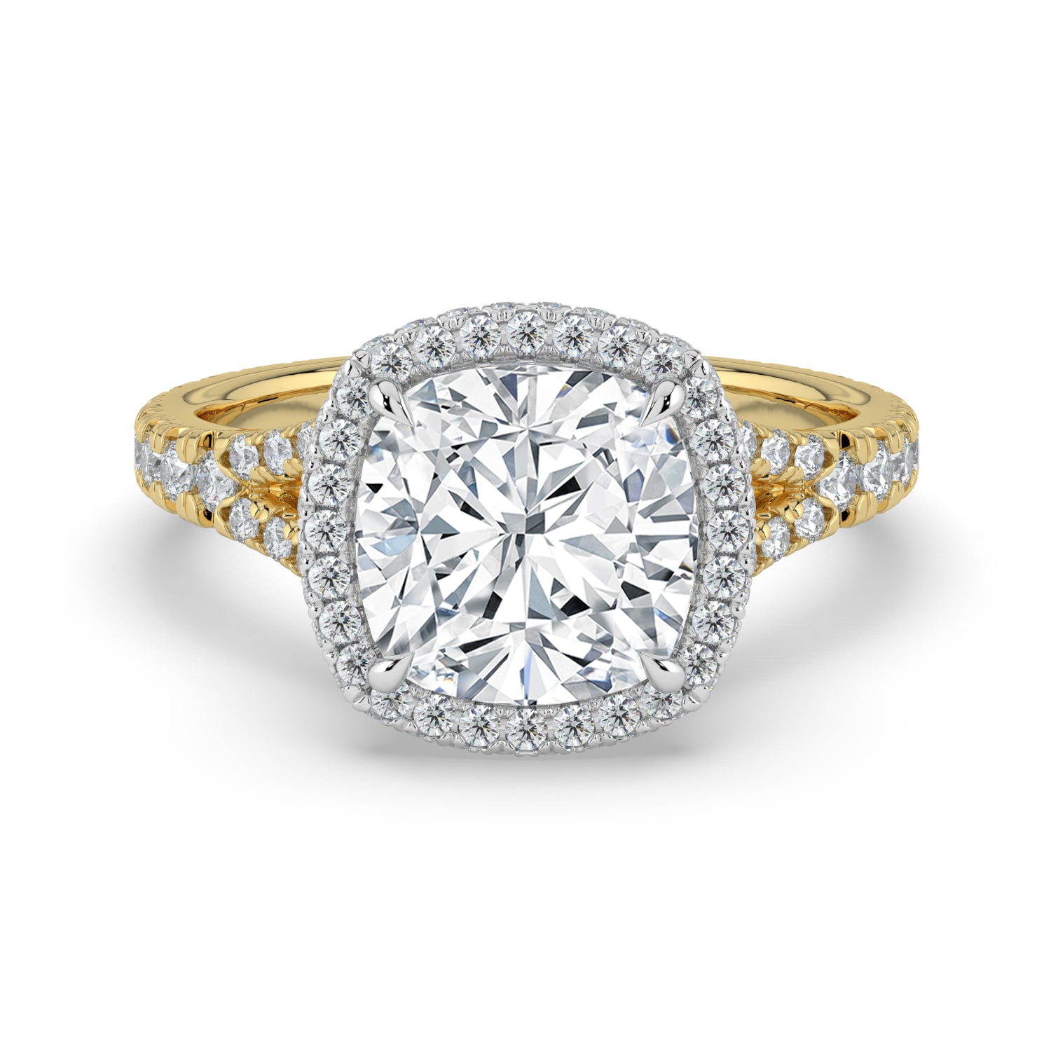 The Elara Ring - Cushion Orbital Halo with Split Pavé Band