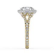 The Elara Ring – Cushion Orbital Halo with Split Pavé Band in 18K White Gold and Yellow Gold – The Jewel Concierge