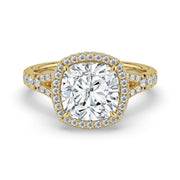 The Elara Ring – Cushion Orbital Halo with Split Pavé Band in 14K Yellow Gold – The Jewel Concierge
