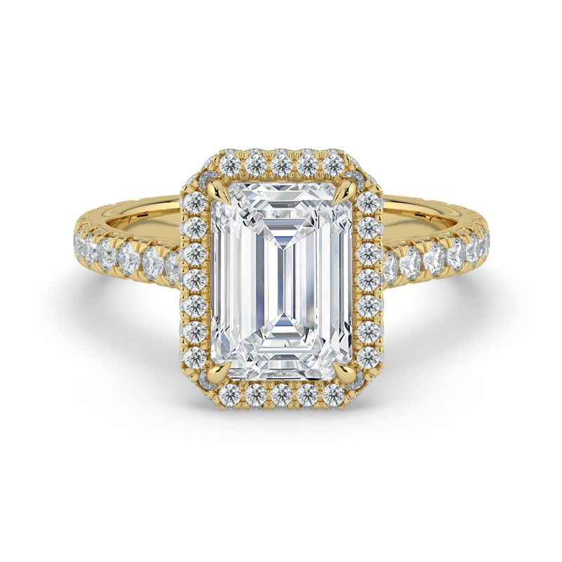 The Gemma Ring – Emerald Orbital Halo Cathedral with Pavé Band in 14K Yellow Gold – The Jewel Concierge