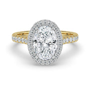The Gemma Ring — Oval Orbital Halo Cathedral with Pavé Band Lab-Grown Diamond Engagement Ring in Two-Tone Yellow and White Gold | The Jewel Concierge