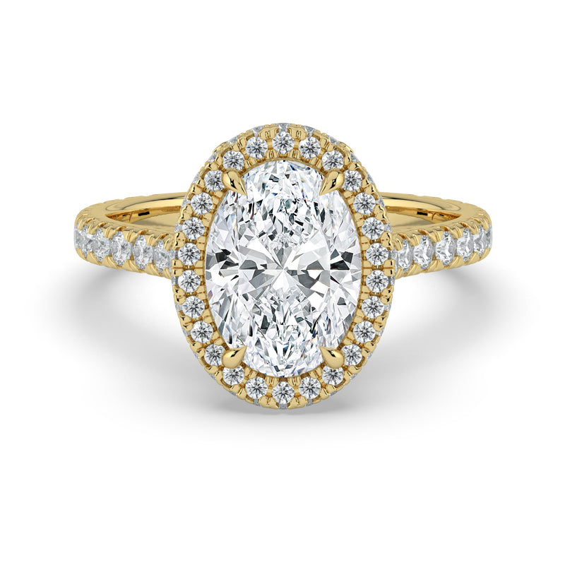 The Gemma Ring – Oval Orbital Halo Cathedral with Pavé Band in 14K Yellow Gold – The Jewel Concierge