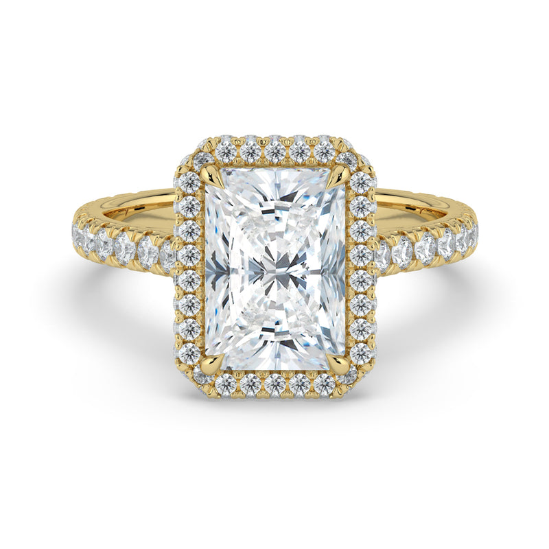The Gemma Ring – Radiant Orbital Halo Cathedral with Pavé Band in 14K Yellow Gold – The Jewel Concierge
