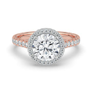 The Gemma Ring — Round Orbital Halo Cathedral with Pavé Band Lab-Grown Diamond Engagement Ring in Two-Tone Rose and White Gold | The Jewel Concierge