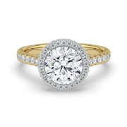 The Gemma Ring — Round Orbital Halo Cathedral with Pavé Band Lab-Grown Diamond Engagement Ring in Two-Tone Yellow and White Gold | The Jewel Concierge