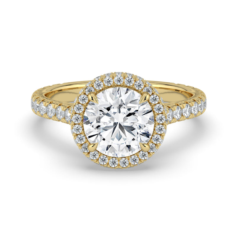 The Gemma Ring – Round Orbital Halo Cathedral with Pavé Band in 14K Yellow Gold – The Jewel Concierge