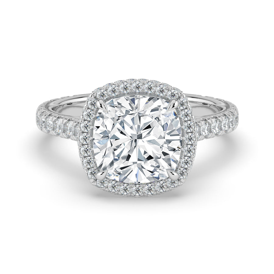 The Gemma Ring – Cushion Orbital Halo Cathedral with Pavé Band – The Jewel Concierge