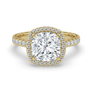 The Gemma Ring – Cushion Orbital Halo Cathedral with Pavé Band in 14K Yellow Gold – The Jewel Concierge