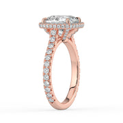 The Gemma Ring – Cushion Orbital Halo Cathedral with Pavé Band in 14K White Gold and Rose Gold – The Jewel Concierge