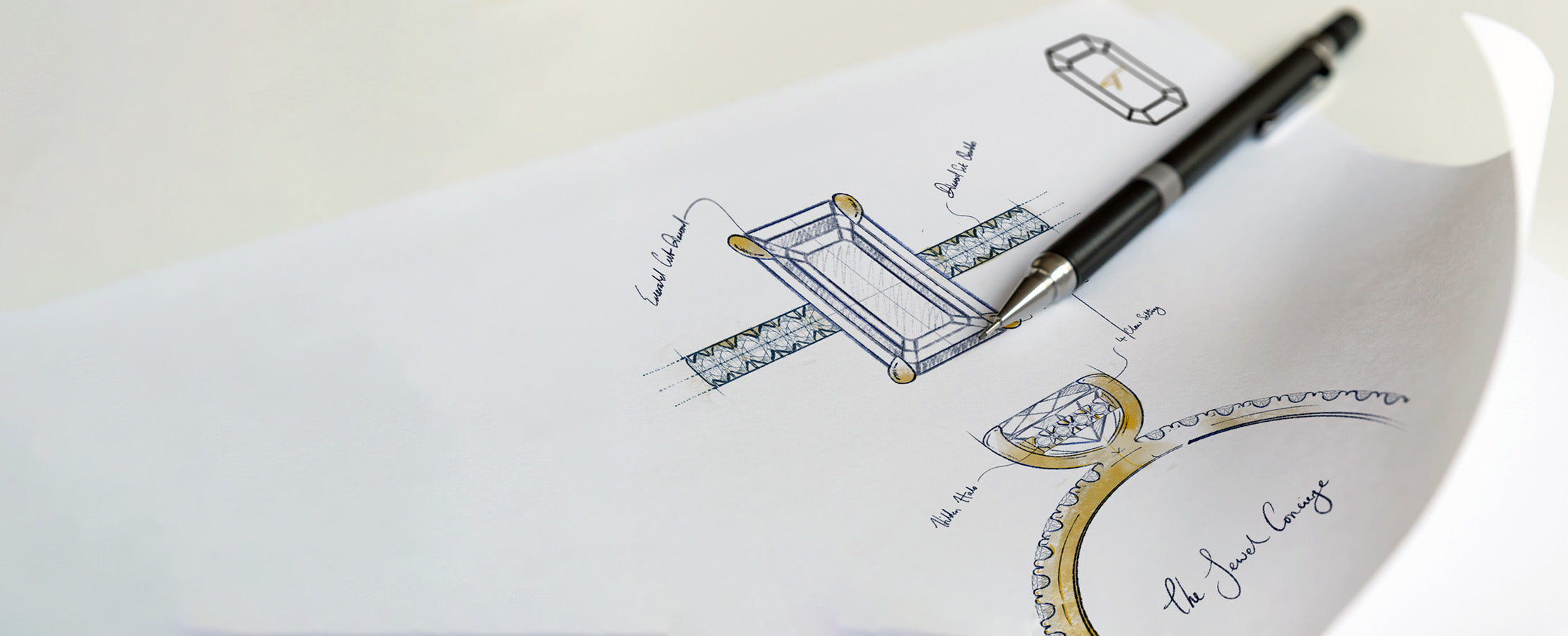 beautiful hand drawn render of an emerald engagement ring by the Jewel Concierge