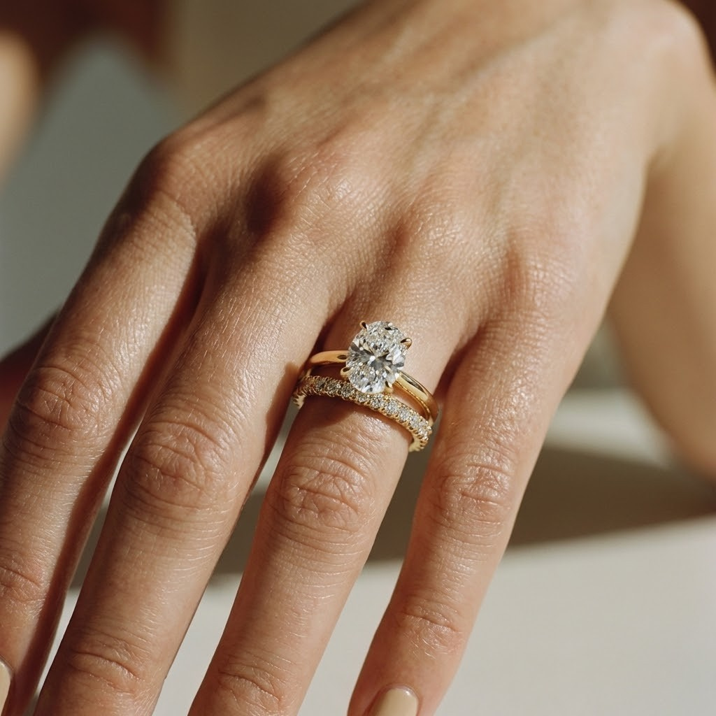 Close-up of an oval lab-grown diamond ring stack | The Jewel Concierge