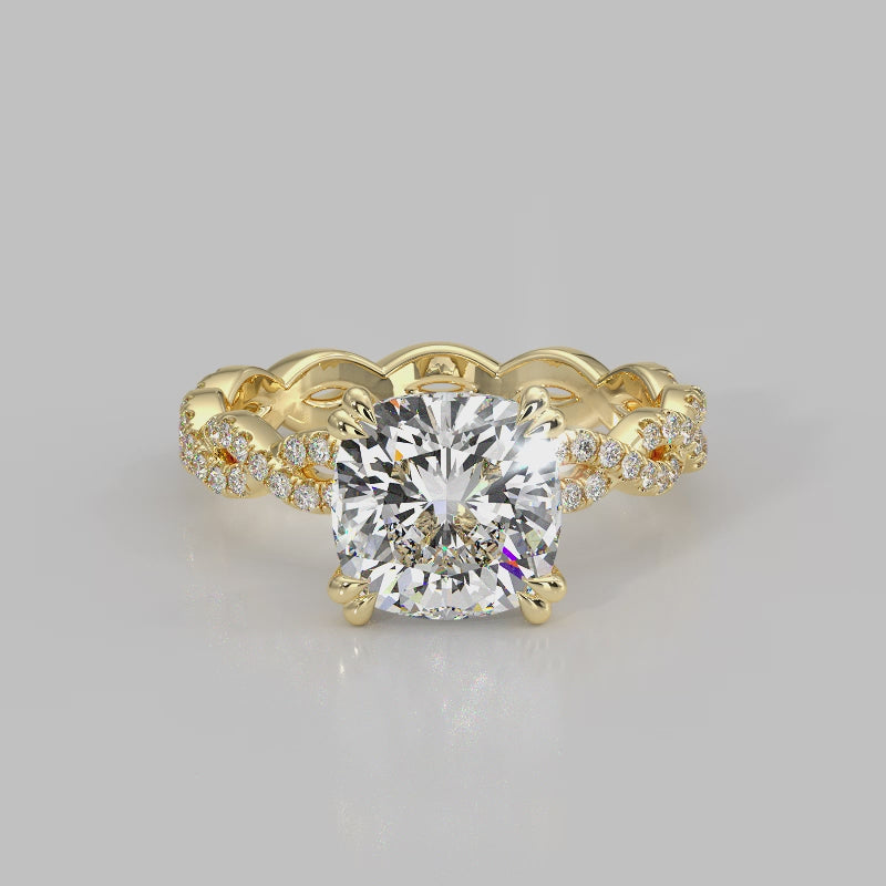 stunning braided band engaement ring with a colorloess 3.0ct lab grown cushion cut diamond