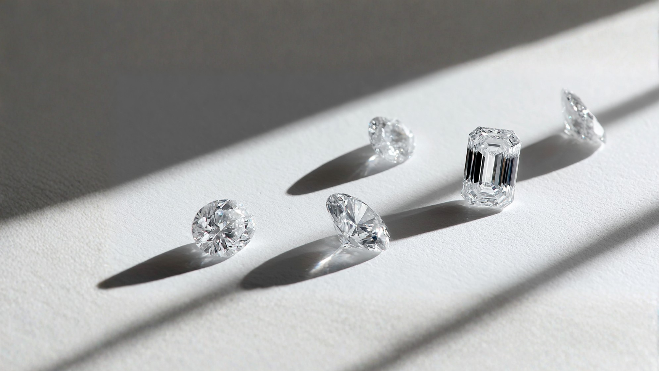 Lab-grown Diamonds in various shapes laid on a luxurious white marble table with shadows