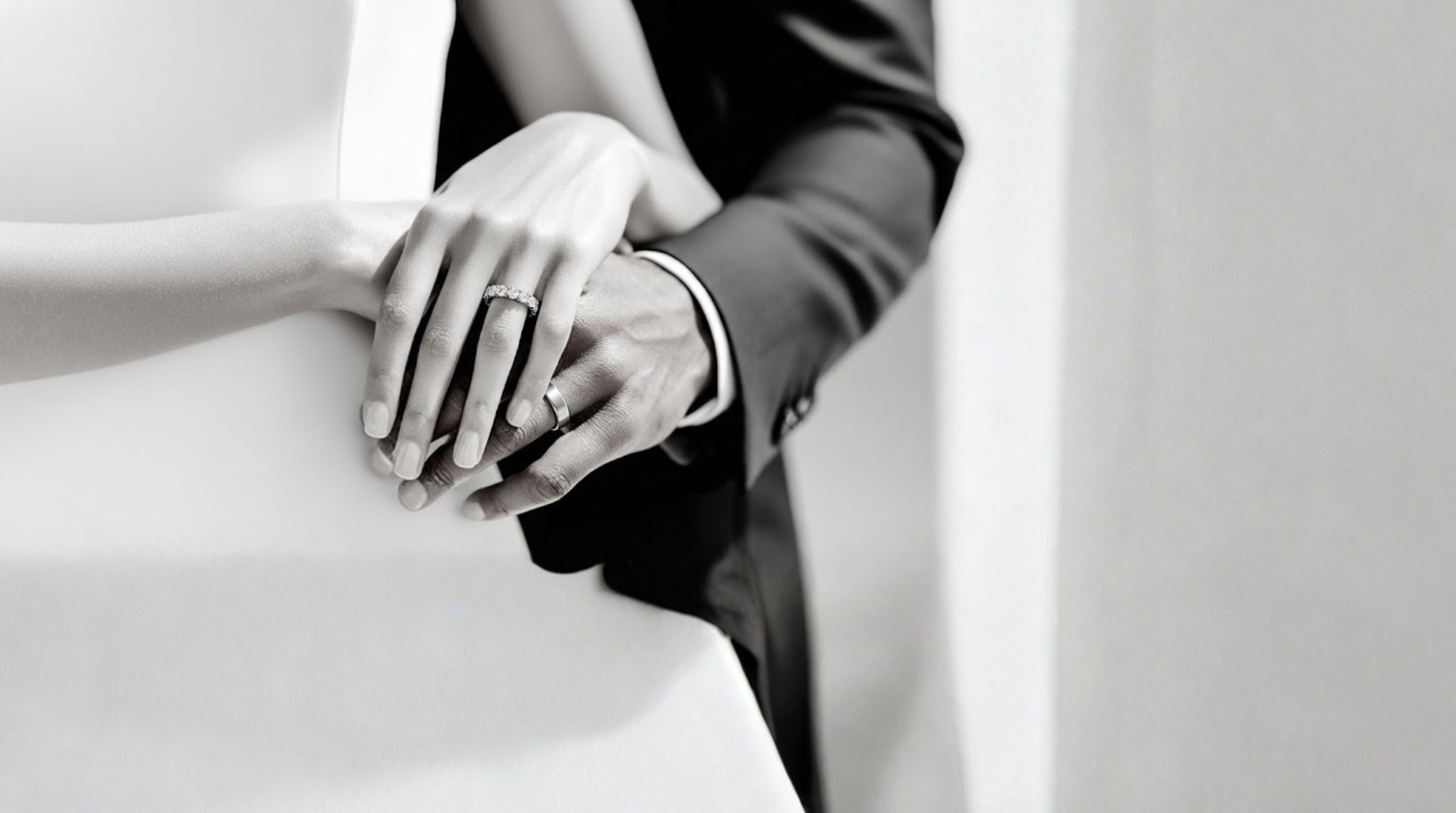 Black and white photo of bride and groom holding hands showcasing their wedding rings  - The Jewel Concierge